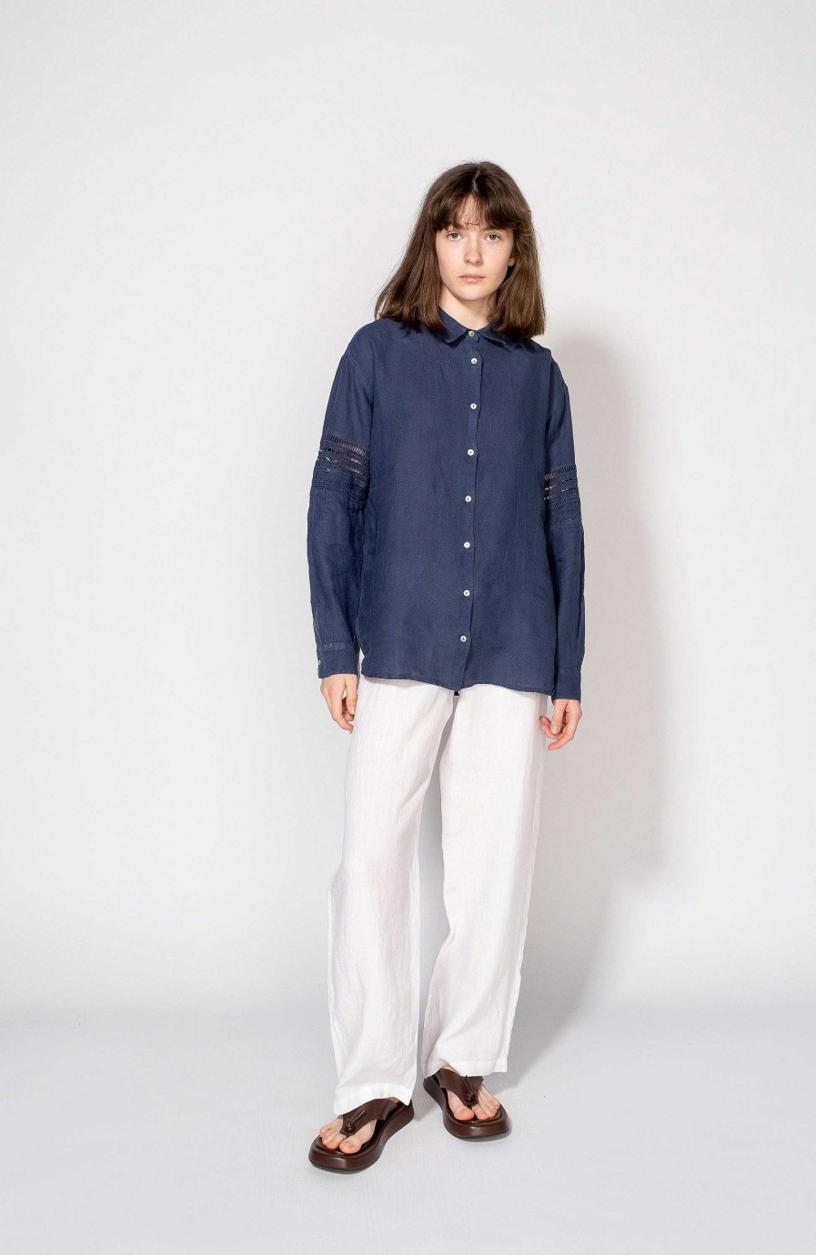 Women 120% LINO | Long Sleeve Embroidered Linen Shirt