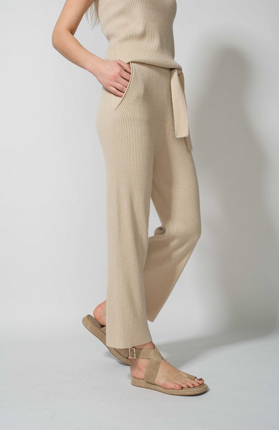 Women FTC CASHMERE | Belt-Waisted Ribbed Trousers