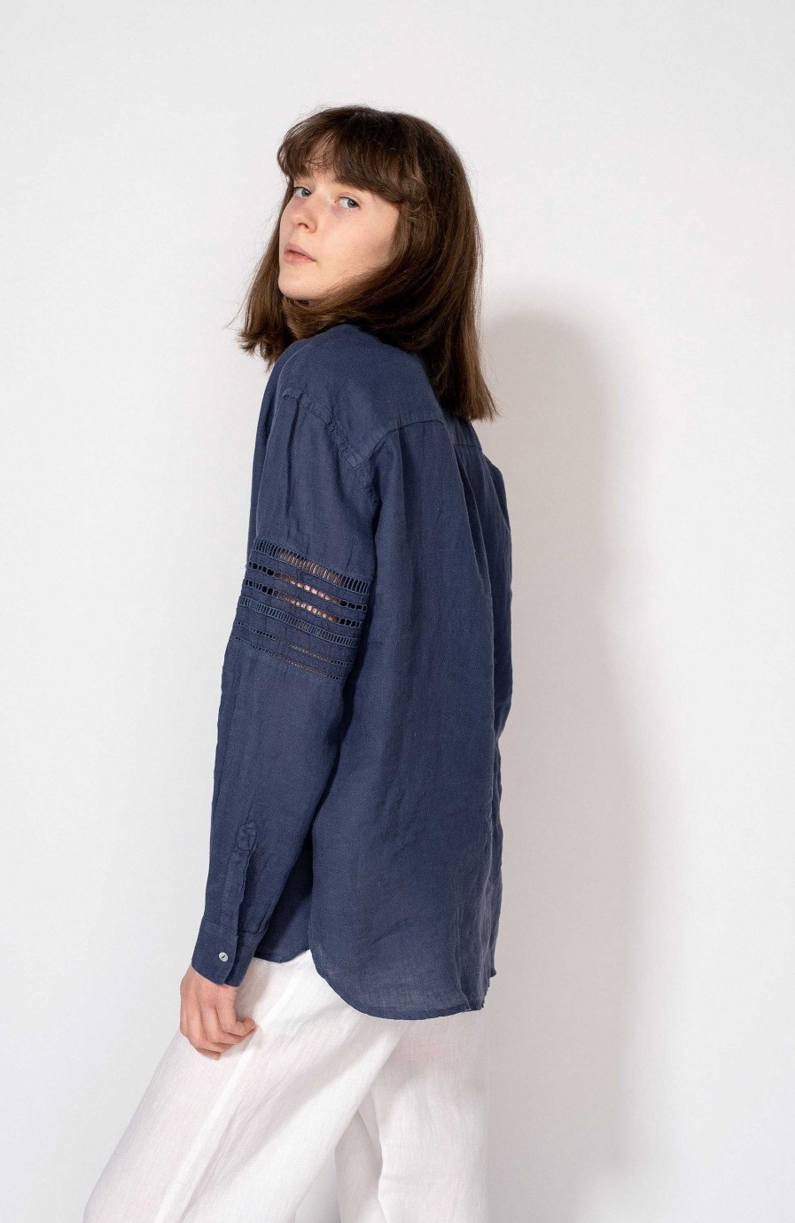 Women 120% LINO | Long Sleeve Embroidered Linen Shirt